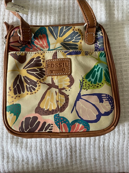 Fossil Handbags - Fossil Multicolor Butterfly Print Crossbody Bag - Cream and Brown Trim